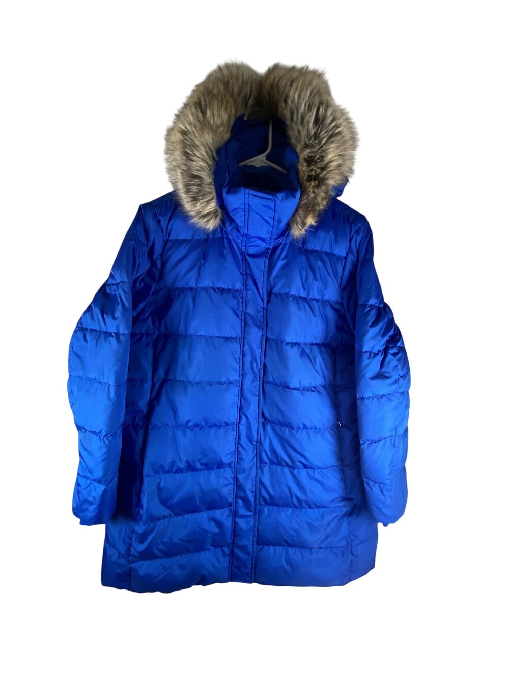 Lands' End Coat Youth Large 14-16 Blue Down Puffer Hooded Faux Fur Parka
